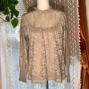 Cable & Gauge Lace Vintage style Cuffed sleeve Blouse | Size L